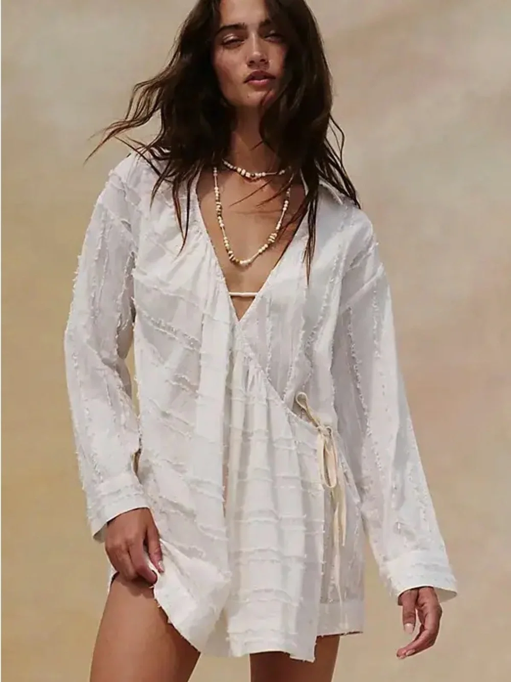 NWT Free People Mini Dress White Go with the Flow Wrap Top Tunic size L